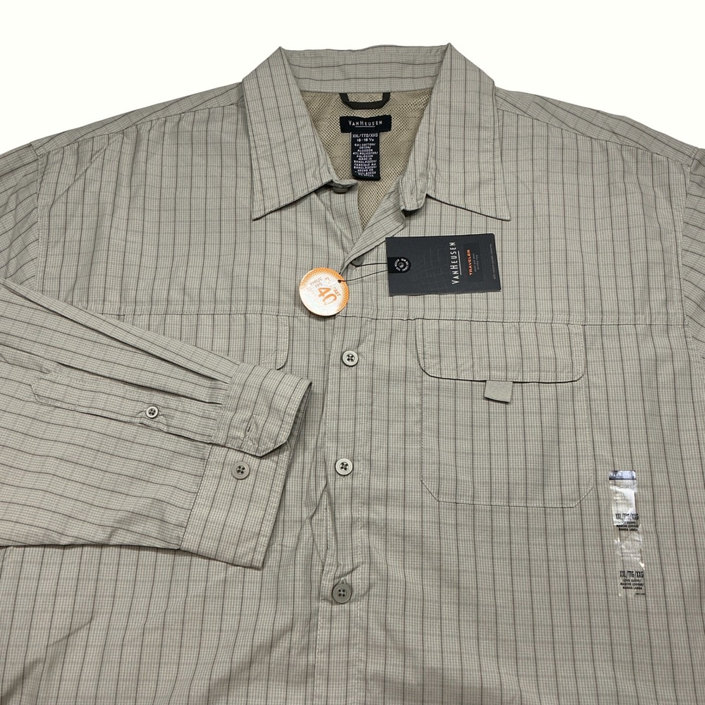 NWY VAN HEUSEN Mens‎ Traveler Vented Long Sleeve Button Up Shirt XXL Plaid Cool